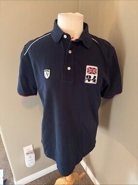 Alain Figatet Navy Blue Polo Shirt with British Flag Patch Size Large